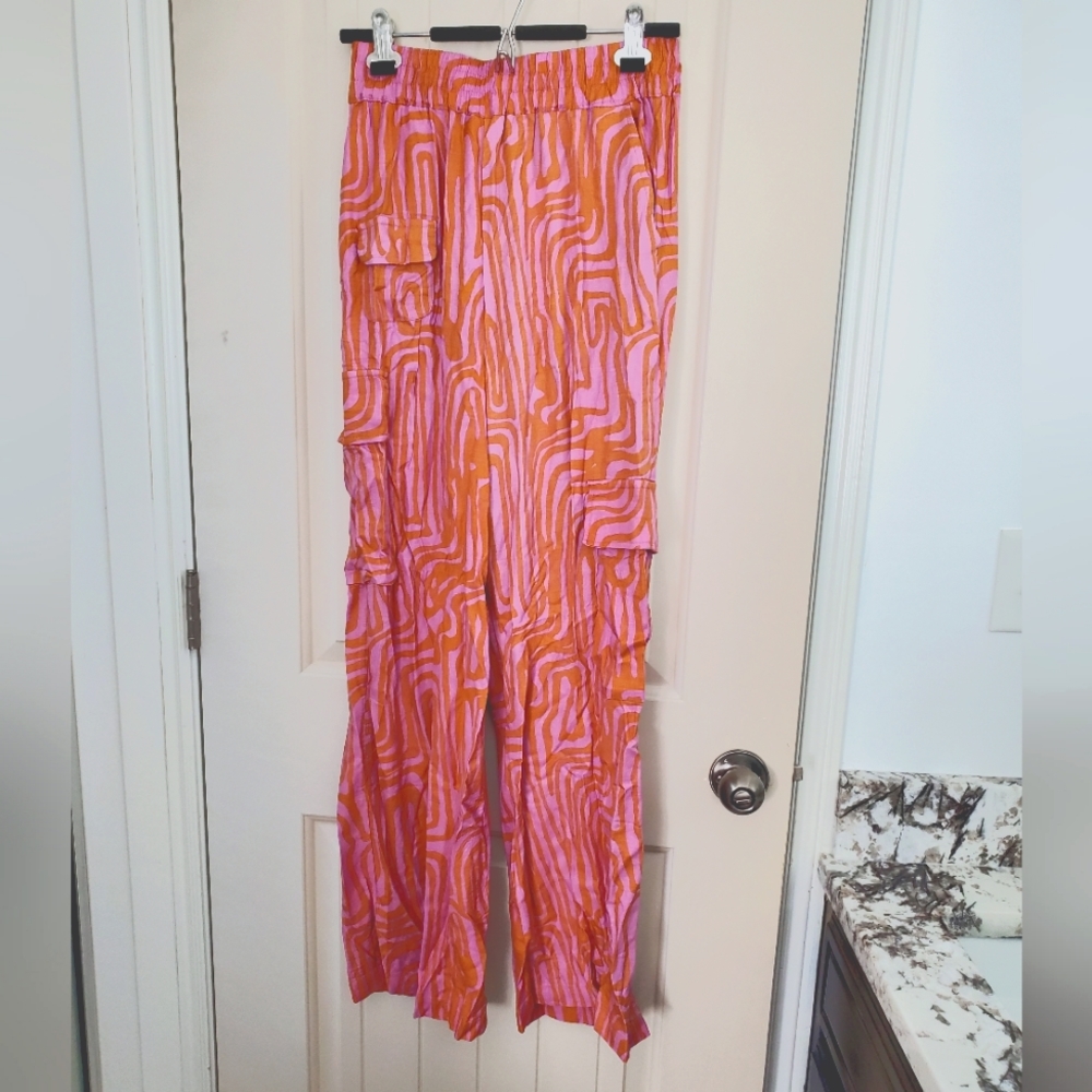 Pink & Orange Patterned Wide-Leg Cargo Pants